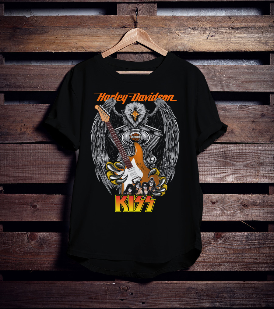 Harley Davidson Motor Cycles Kiss Band Eagle Guitar T-Shirt