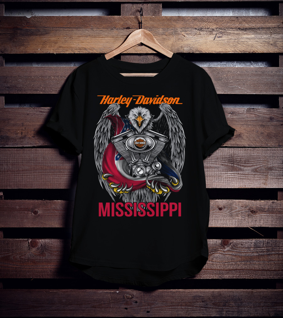 Harley Davidson Mississippi Eagle With Engine And Flag Symbol T-Shirt