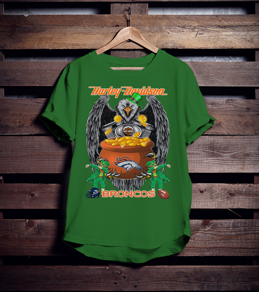 Harley Davidson Denver Broncos Nfl Leprechaun Eagle Pot Of Gold T-Shirt