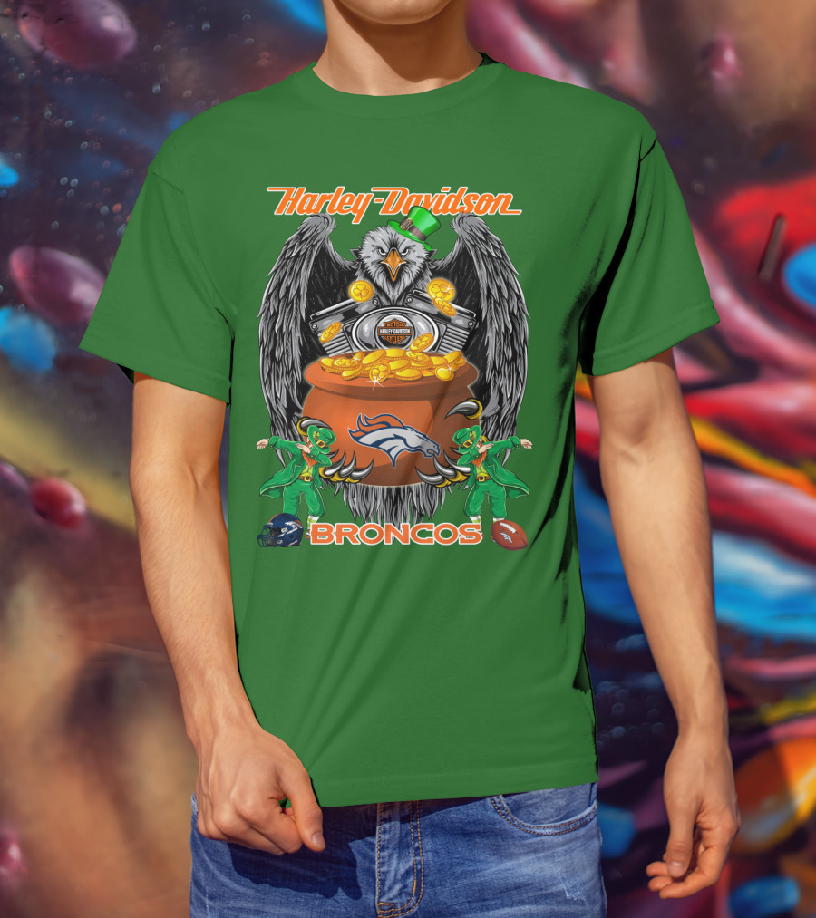 Harley Davidson Denver Broncos Nfl Leprechaun Eagle Pot Of Gold T-Shirt