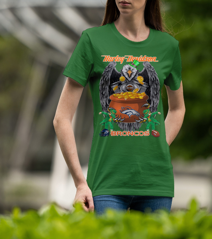 Harley Davidson Denver Broncos Nfl Leprechaun Eagle Pot Of Gold T-Shirt