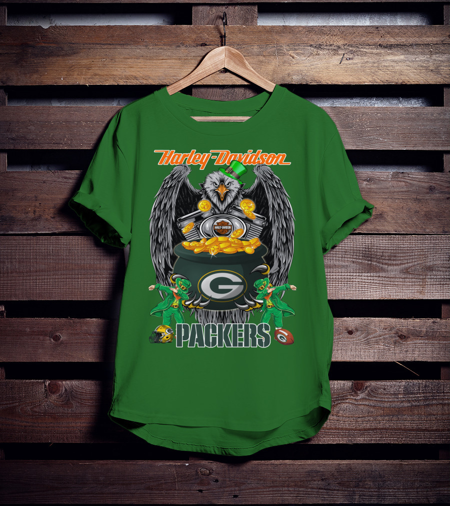 Harley Davidson Packers Nfl Green Bay Eagles And Leprechauns With Coins T-Shirt