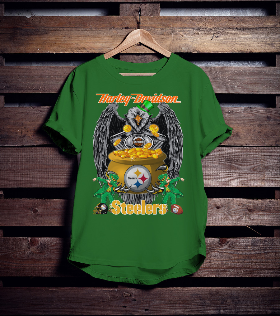 Harley Davidson Steelers Eagle Leprechaun Gold Nfl Pittsburgh T-Shirt