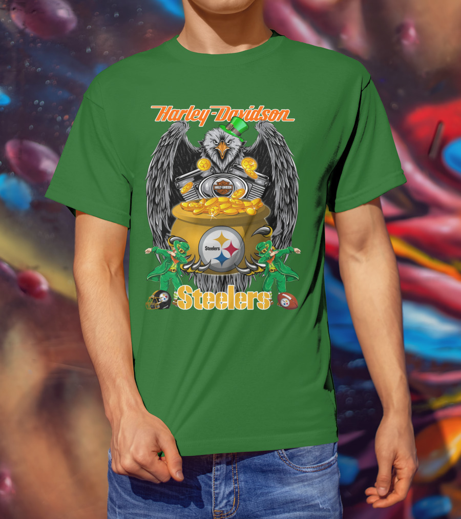 Harley Davidson Steelers Eagle Leprechaun Gold Nfl Pittsburgh T-Shirt