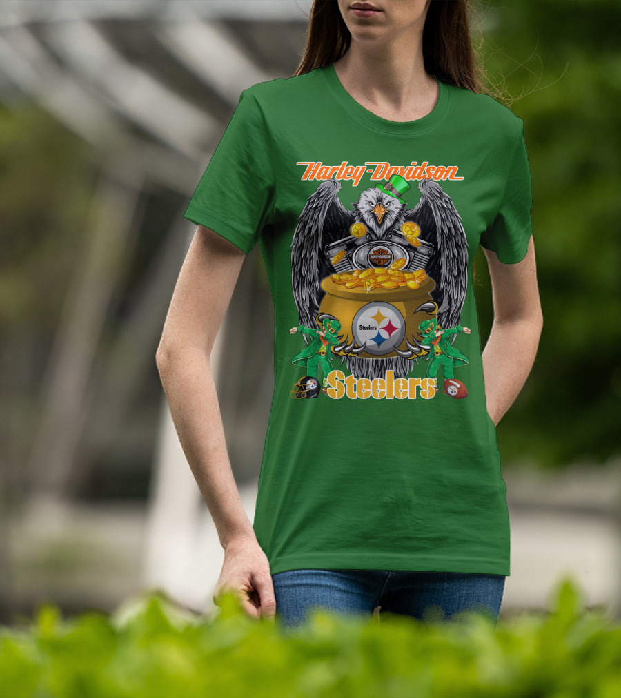Harley Davidson Steelers Eagle Leprechaun Gold Nfl Pittsburgh T-Shirt