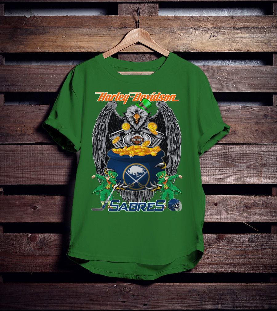 Harley Davidson Sabres Nhl Buffalo St. Patrick's Day Eagle And Pot Of Gold T-Shirt