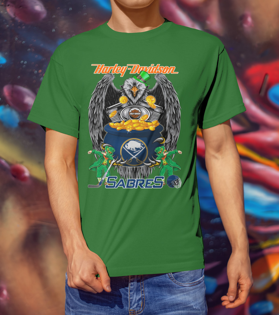 Harley Davidson Sabres Nhl Buffalo St. Patrick's Day Eagle And Pot Of Gold T-Shirt