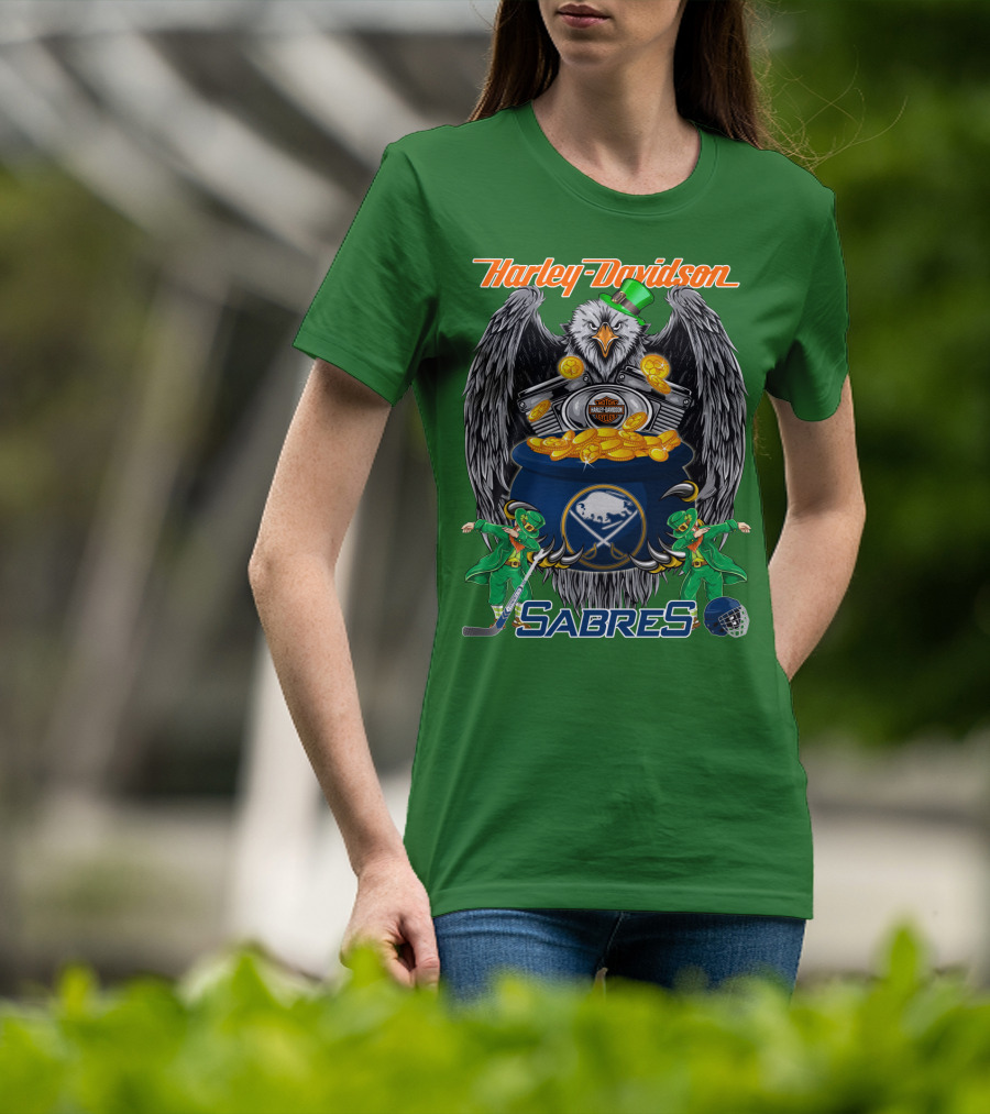 Harley Davidson Sabres Nhl Buffalo St. Patrick's Day Eagle And Pot Of Gold T-Shirt