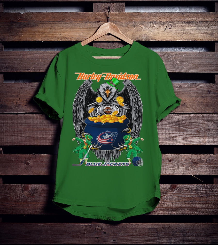 Harley Davidson Columbus Blue Jackets Nhl Eagle Leprechaun Gold Coins Green Hat T-Shirt
