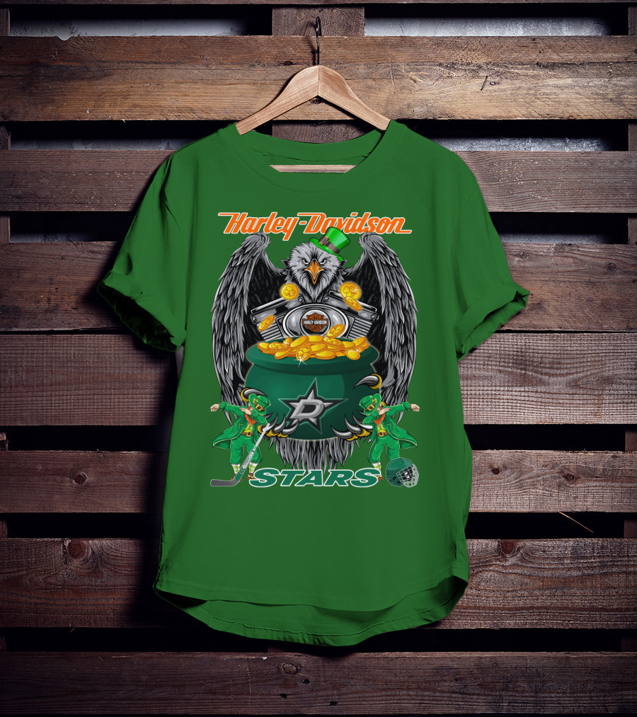 Harley Davidson Dallas Stars Nhl Eagle With Leprechauns And Hockey Gear T-Shirt