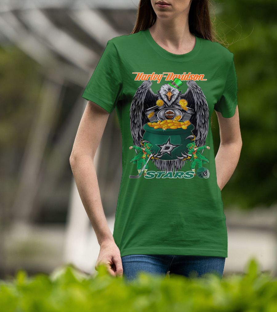 Harley Davidson Dallas Stars Nhl Eagle With Leprechauns And Hockey Gear T-Shirt