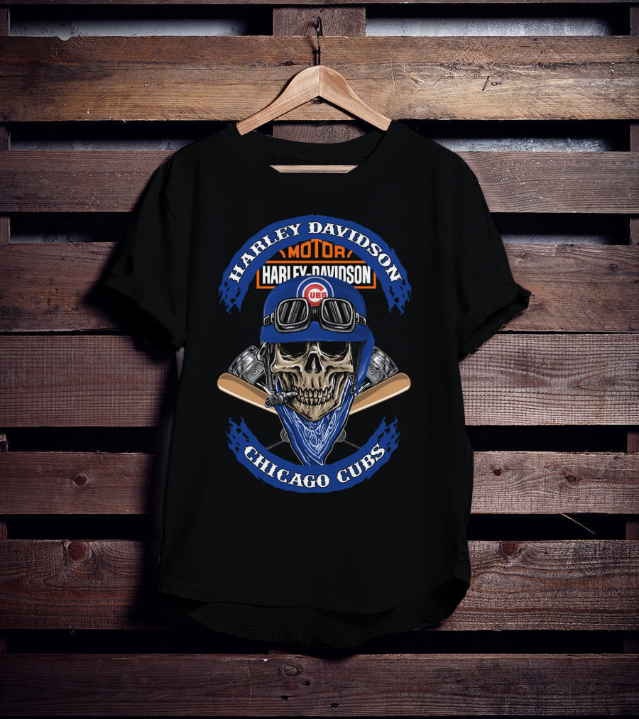 Harley Davidson Chicago Cubs Skull Helmet Cigars T-Shirt