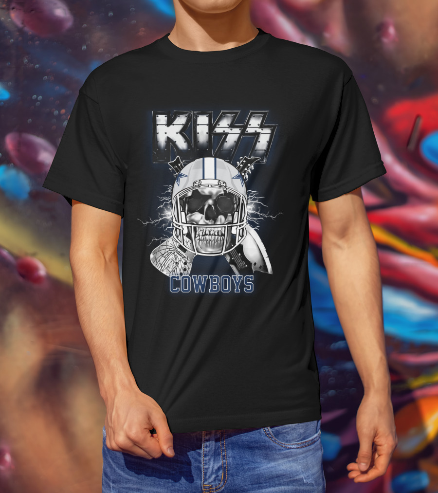 Kiss Cowboys Skull Helmet Electric Guitar Nfl Crossover T-Shirt