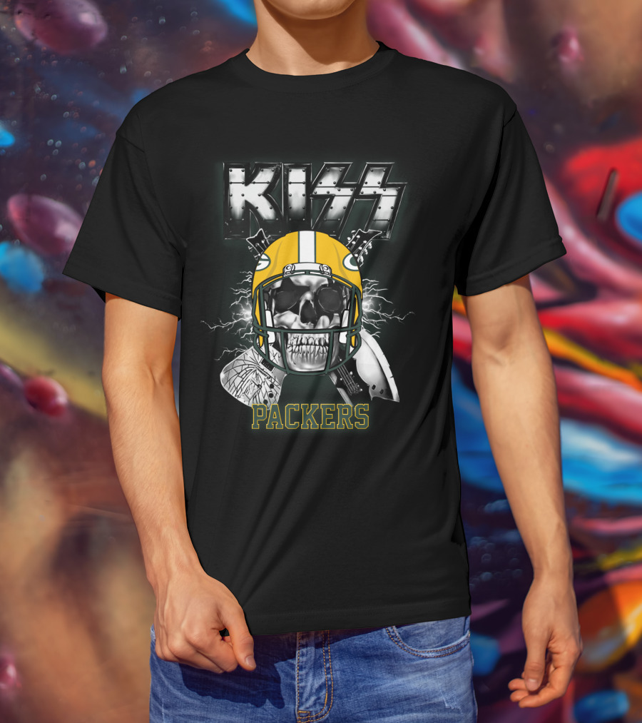 Kiss Packers Skull Helmet Electric Guitars Artwork T-Shirt