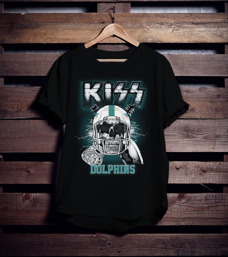 Kiss Dolphins Miami Football Skull Helmet Electric Guitars T-Shirt