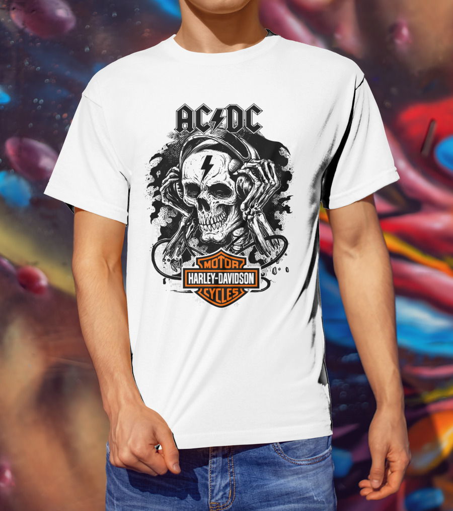 Acdc Harley Davidson Skull With Headphones T-Shirt
