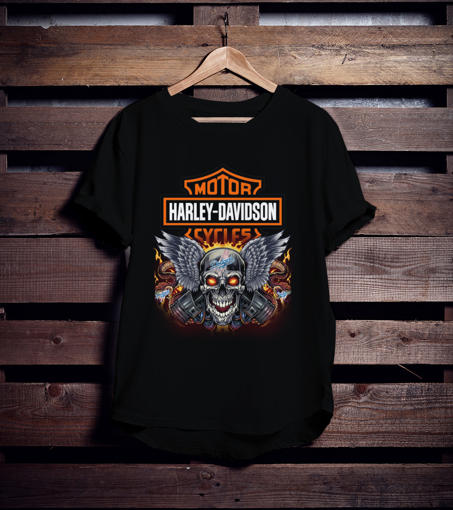 Harley Davidson Motor Cycles Los Angeles Dodgers Skull Wings Fiery Snakes T-Shirt