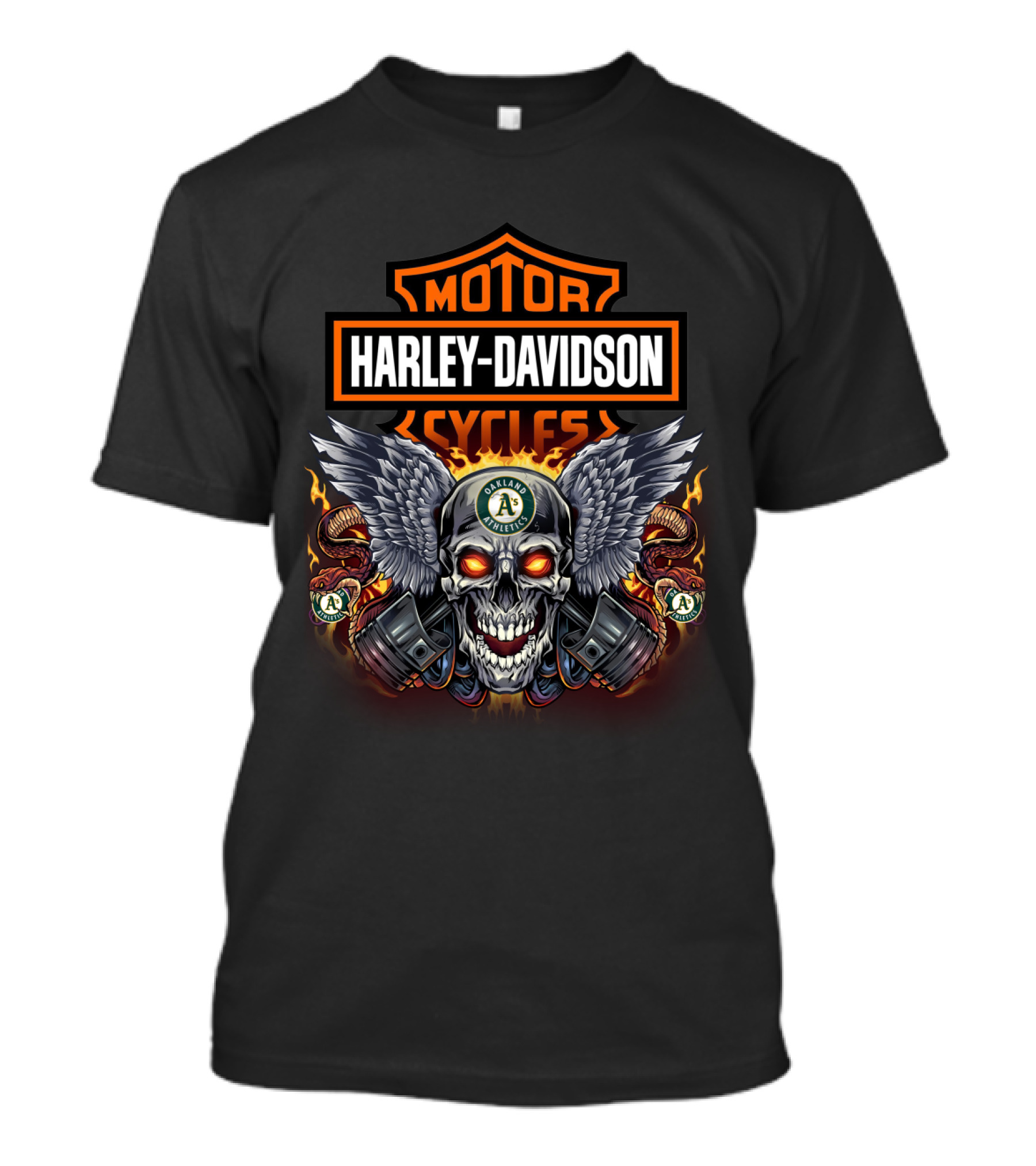 Harley Davidson Motor Cycles Oakland Athletics Winged Skull And Serpents T-Shirt