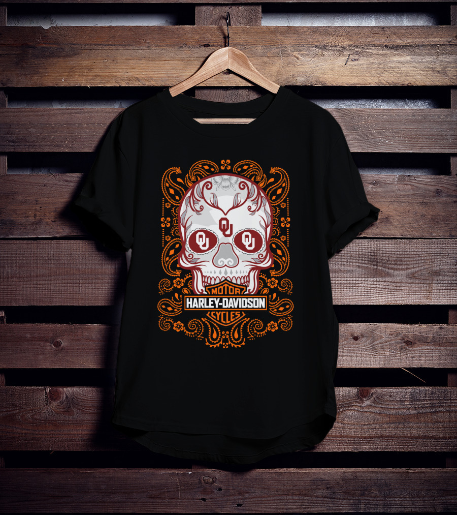 Harley Davidson Ou Skull Design With Paisley Accents T-Shirt