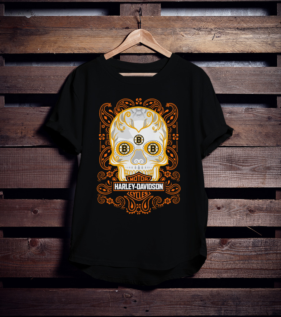 Harley Davidson Motor Cycles Boston Bruins Nhl Sugar Skull T-Shirt