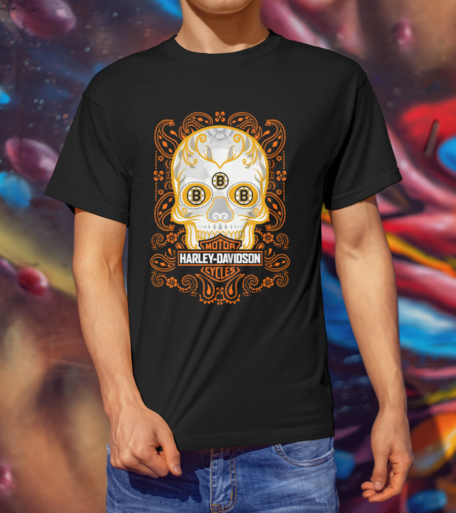 Harley Davidson Motor Cycles Boston Bruins Nhl Sugar Skull T-Shirt
