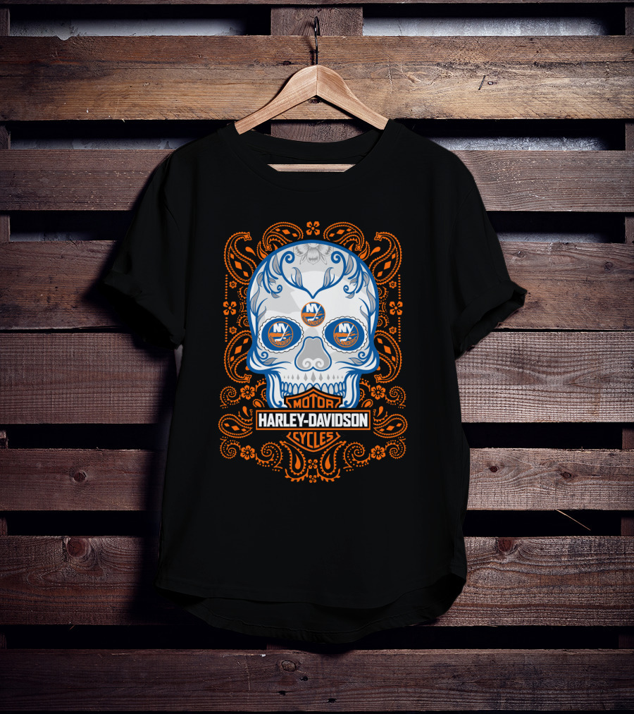 New York Islanders Harley Davidson Skull Motorcycles T-Shirt