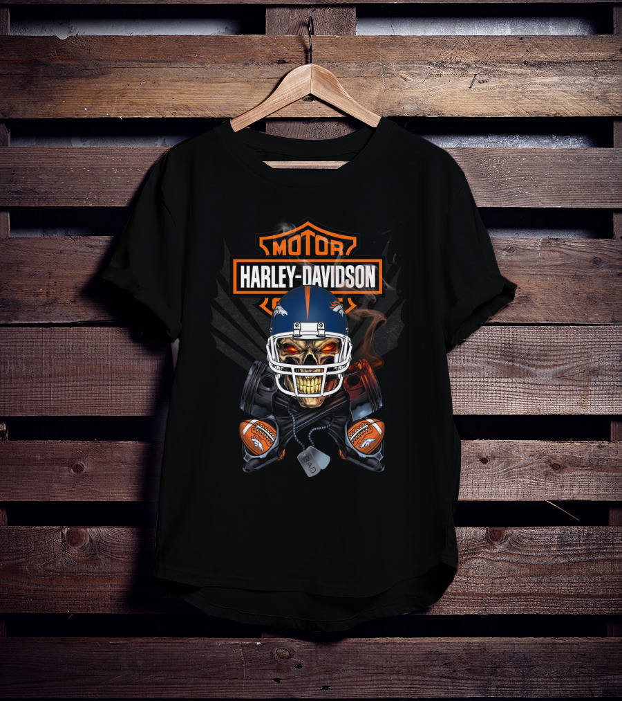 Harley Davidson Denver Broncos 106 Football Skull Helmet T-Shirt