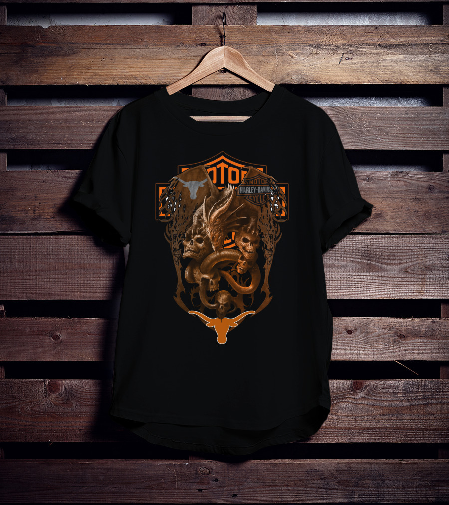 Harley Davidson Motorcycles Ncaa Texas Longhorns Skull Dragon T-Shirt