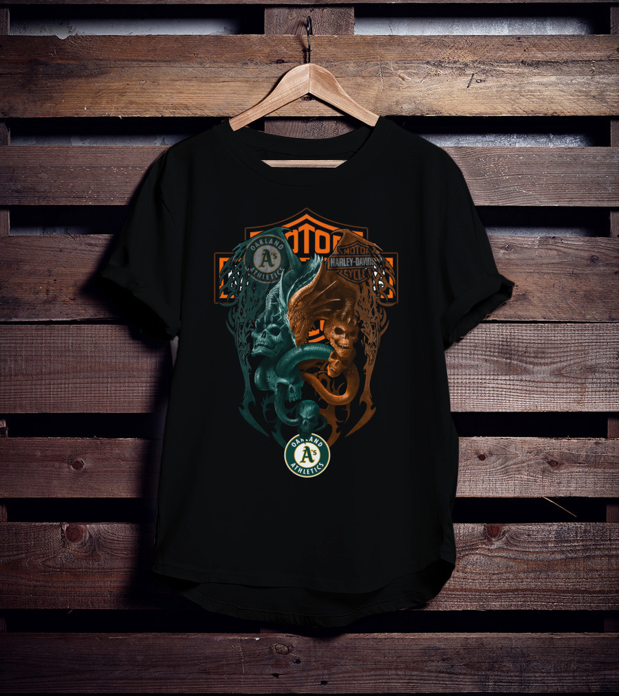Oakland Athletics Harley Davidson Motorcycles Dual Skull Serpents T-Shirt