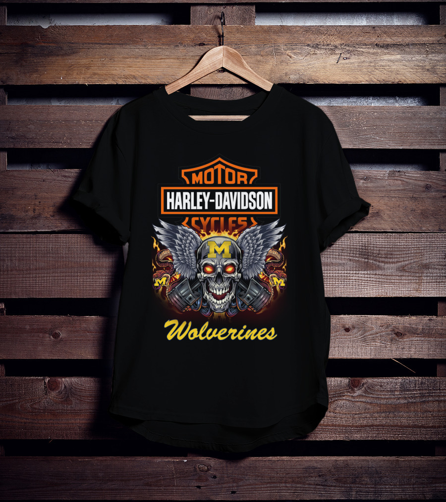 Harley Davidson Motor Cycles Michigan Wolverines Skull Wings T-Shirt