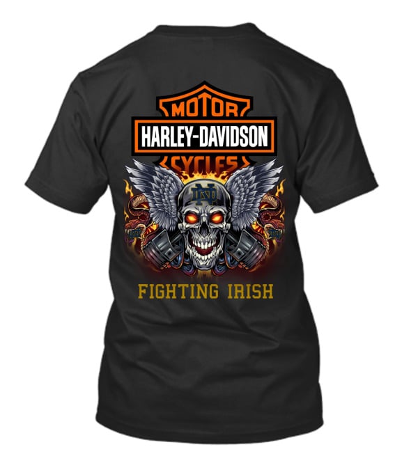 Harley Davidson Cycles Notre Dame Fighting Irish Skull With Wings And Engine Pistons T-Shirt