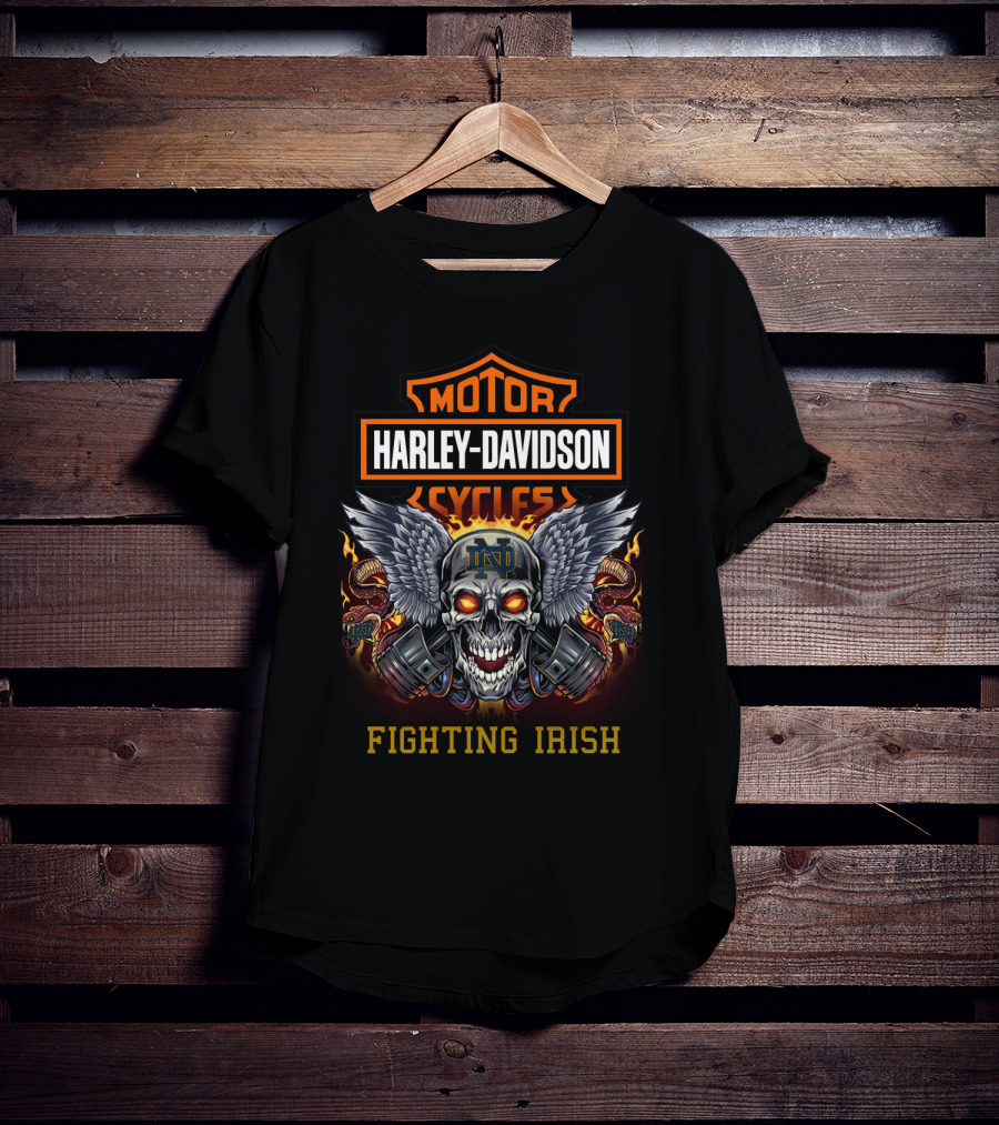 Harley Davidson Cycles Notre Dame Fighting Irish Skull With Wings And Engine Pistons T-Shirt