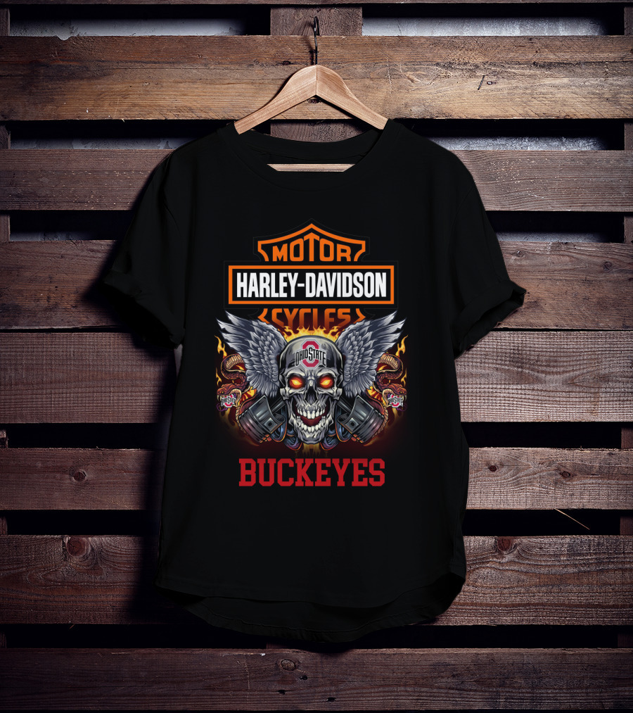 Motor Harley Davidson Cycles Ohio State Buckeyes Skull Wings T-Shirt