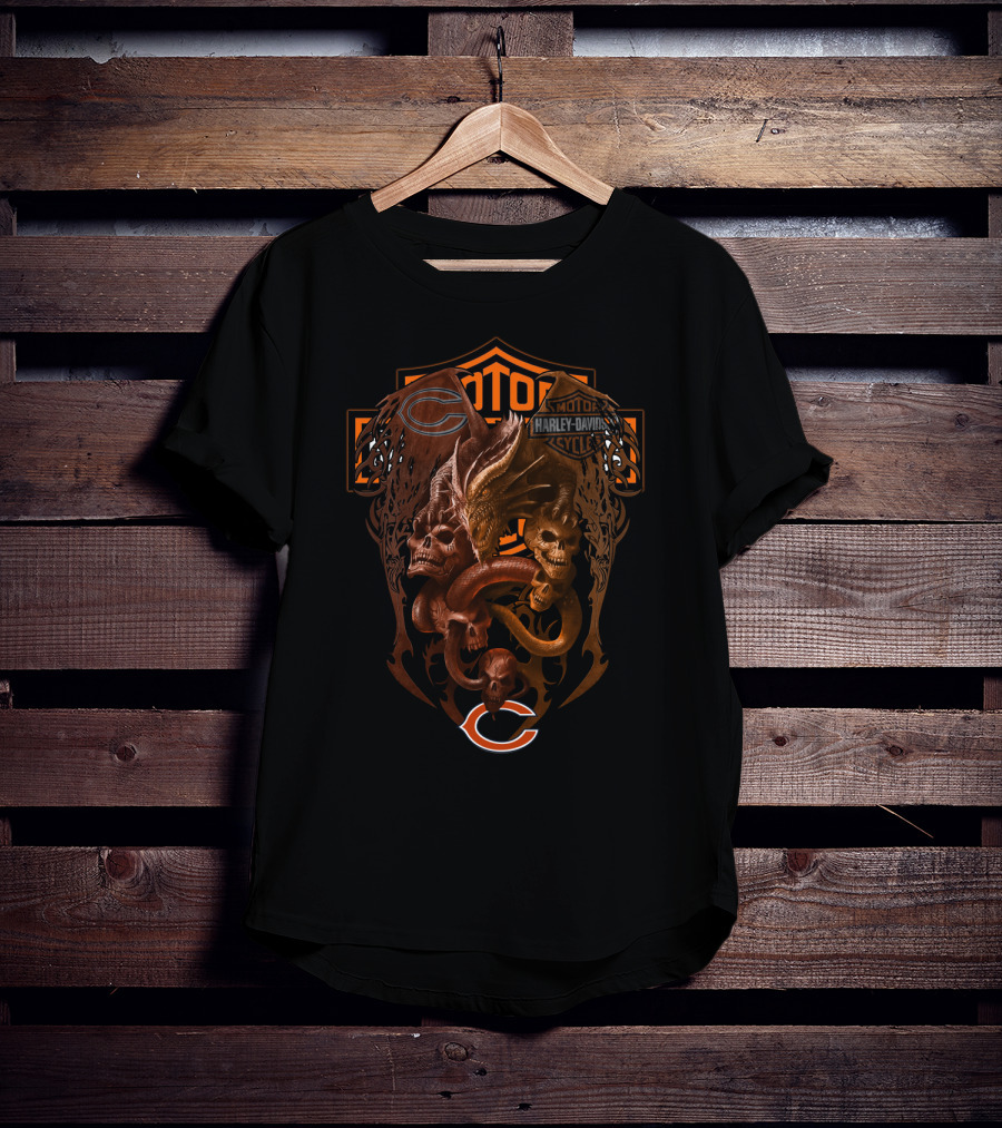 Harley Davidson Chicago Bears Dragon Skull Snake Crest T-Shirt