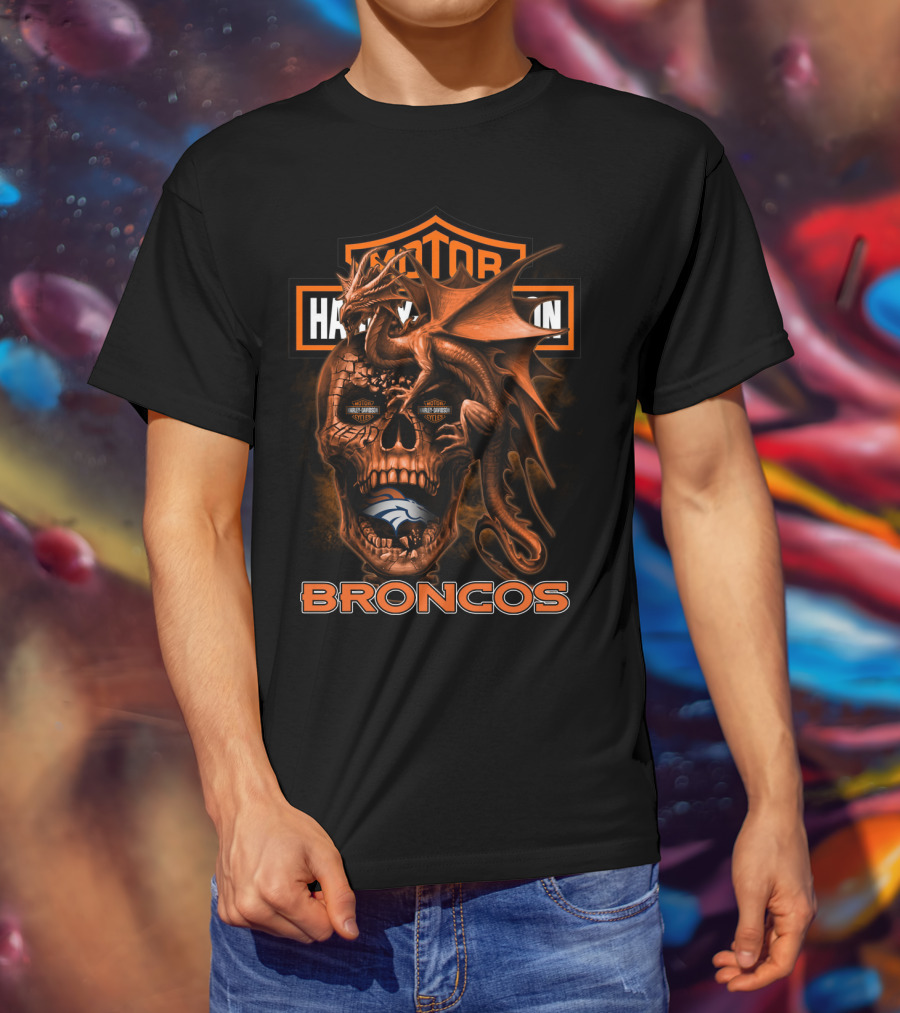 Motor Harley Davidson Cycles Denver Broncos Dragon Skull T-Shirt