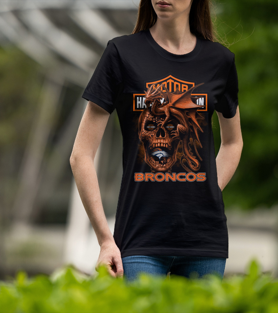 Motor Harley Davidson Cycles Denver Broncos Dragon Skull T-Shirt