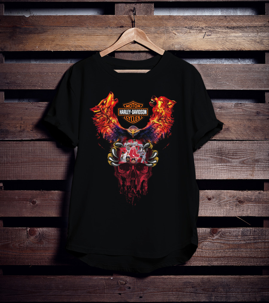 Harley Davidson Motor Cycles Mlb Brs Red Sox Skulls And Wolves T-Shirt