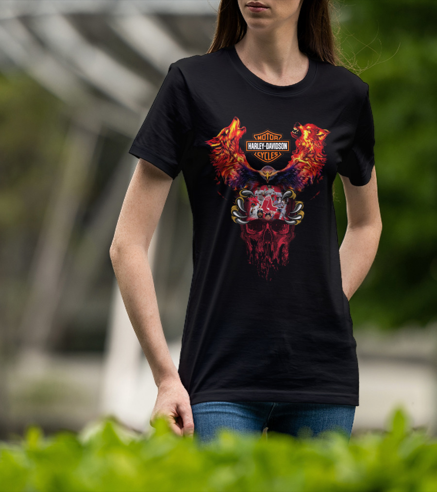 Harley Davidson Motor Cycles Mlb Brs Red Sox Skulls And Wolves T-Shirt