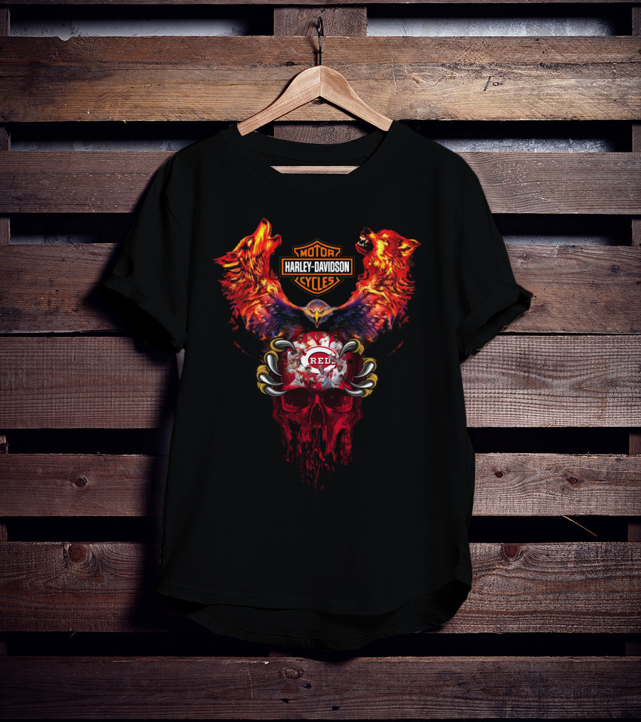 Harley Davidson Motorcycles Mlb Cincinnati Reds Wolf Skull T-Shirt