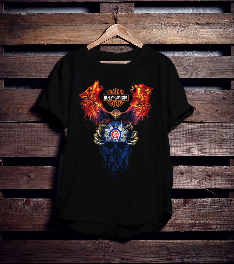 Harley Davidson Motorcycles Cubs Skull Wolf 121 Mlb T-Shirt