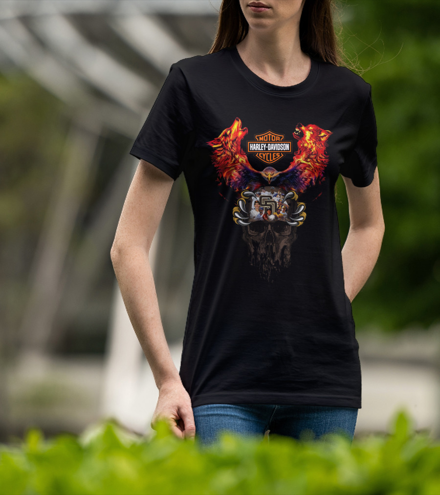 Harley Davidson Motor Cycles Mlb Sdp Sd Padres Skull T-Shirt