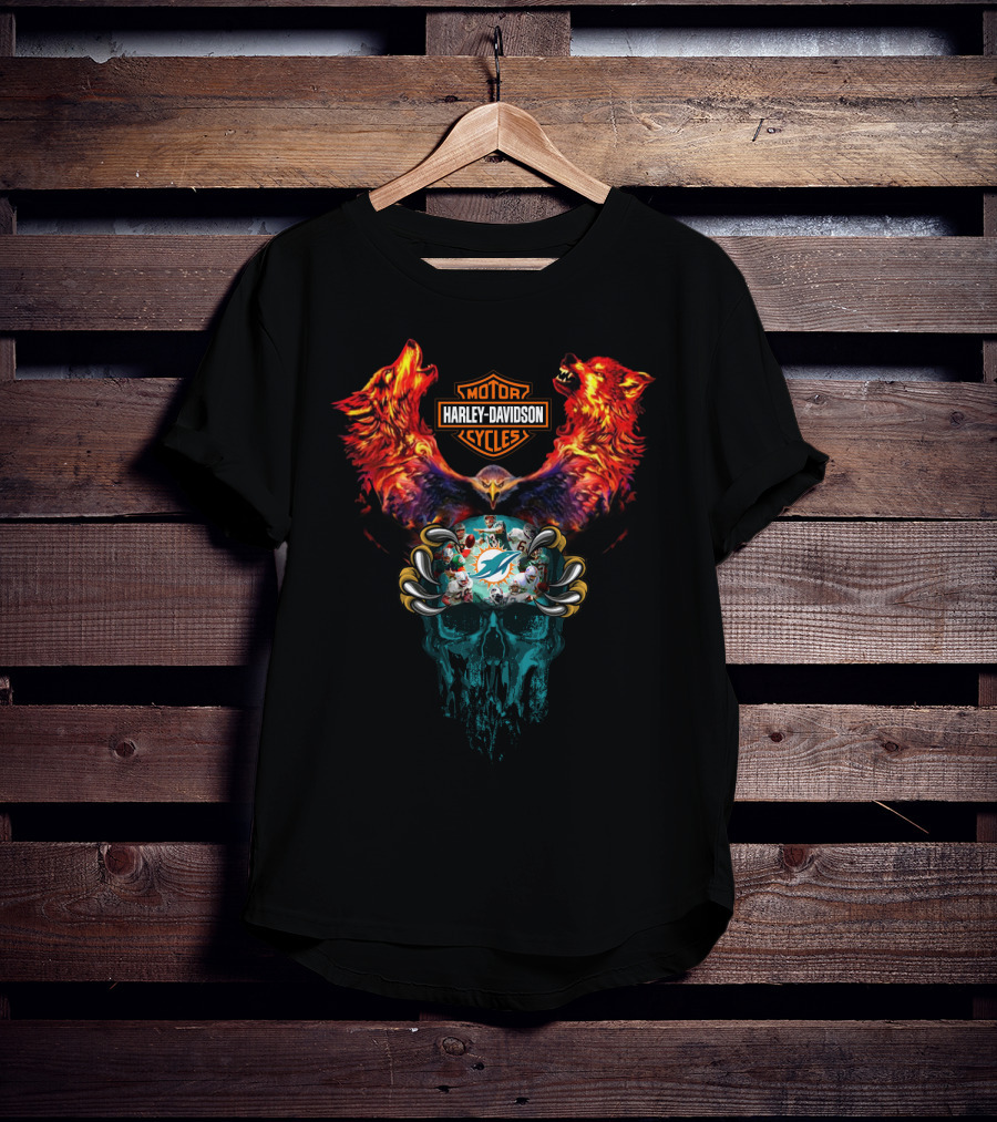 Harley Davidson Motor Cycles Miami Dolphins Wolves And Skull T-Shirt