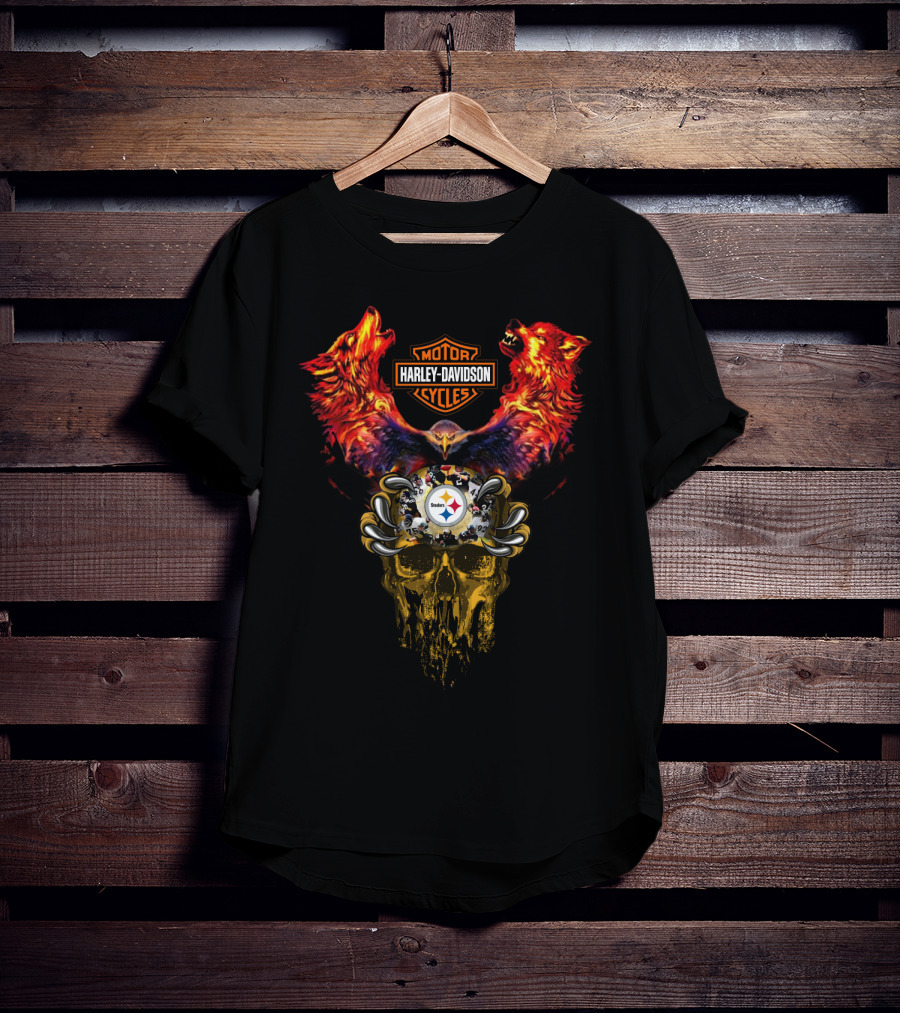 Harley Davidson Motor Cycles Pittsburgh Steelers Wolf Skull T-Shirt