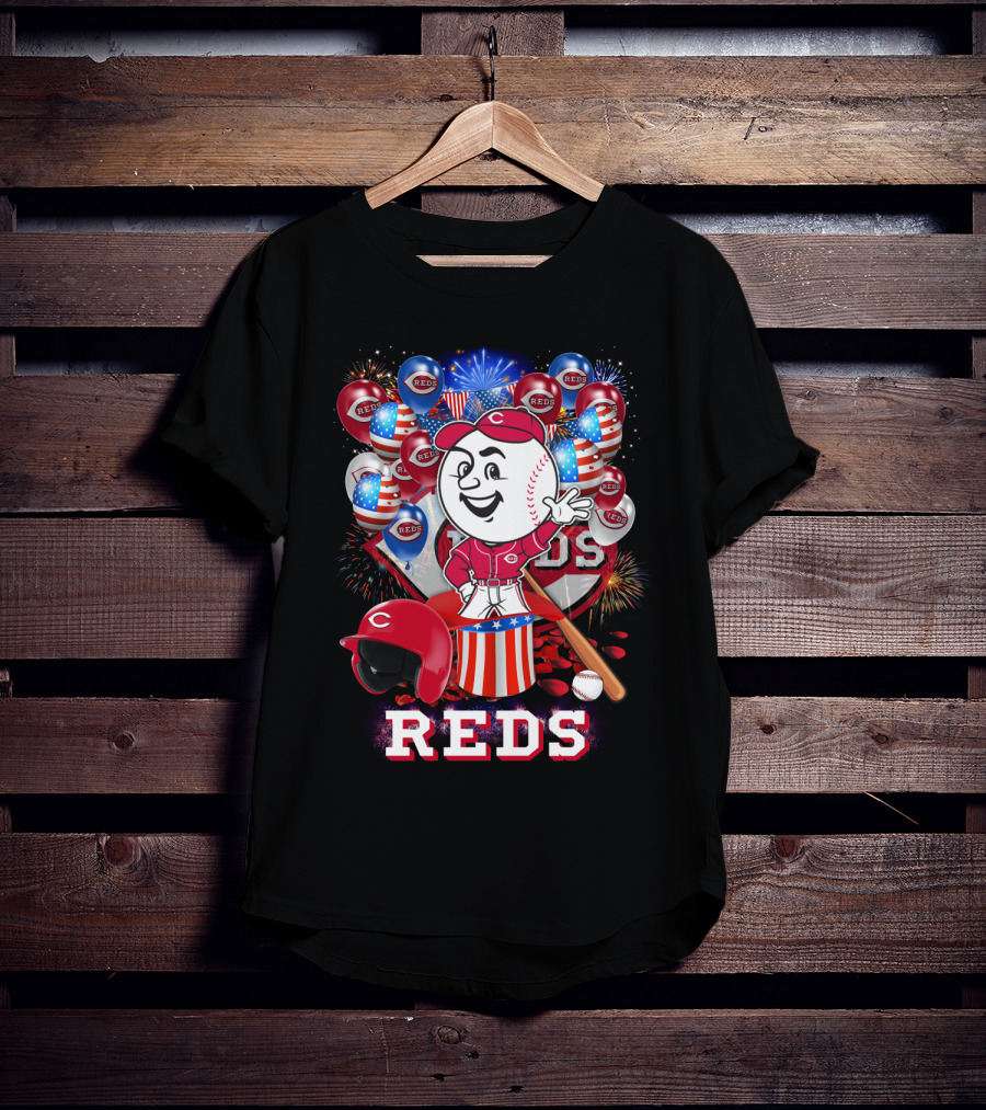 Mlb Cincinnati Reds Baseball Mascot Celebration With Fireworks And Patriotic Details T-Shirt