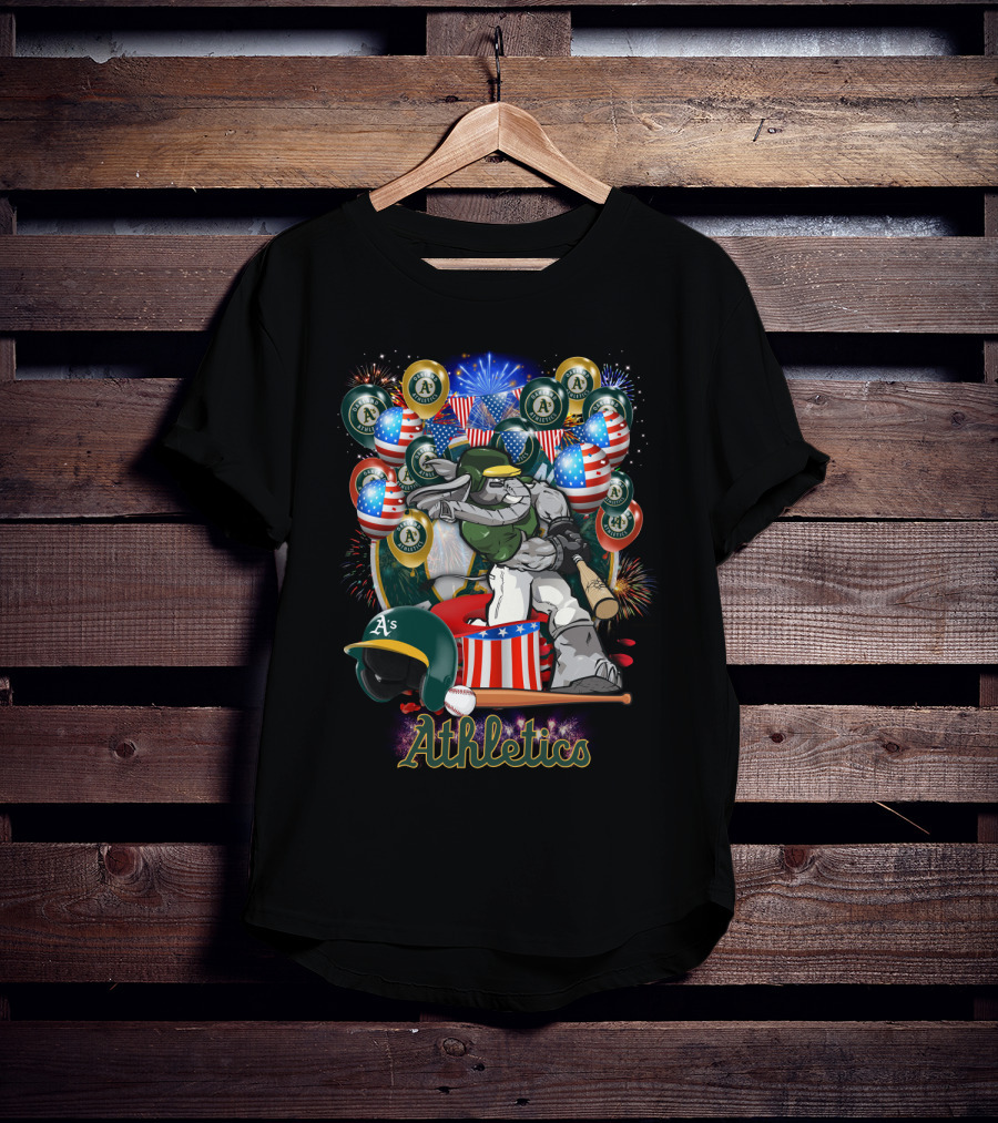 Mlb Oakland Athletics Fireworks Celebration With American Flags And Baseball Elements T-Shirt
