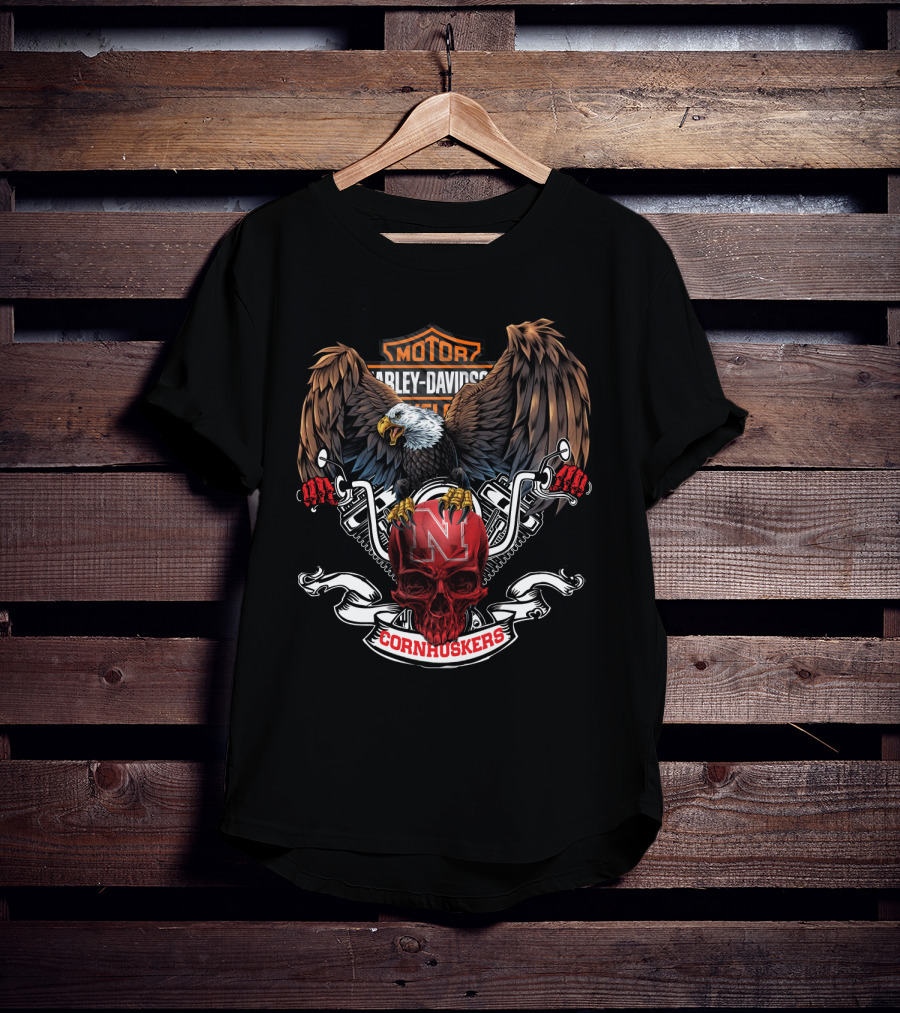 Harley Davidson Cornhuskers Bald Eagle Nebraska Skull T-Shirt