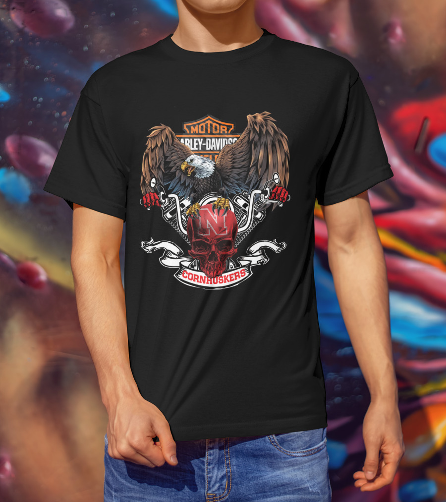 Harley Davidson Cornhuskers Bald Eagle Nebraska Skull T-Shirt