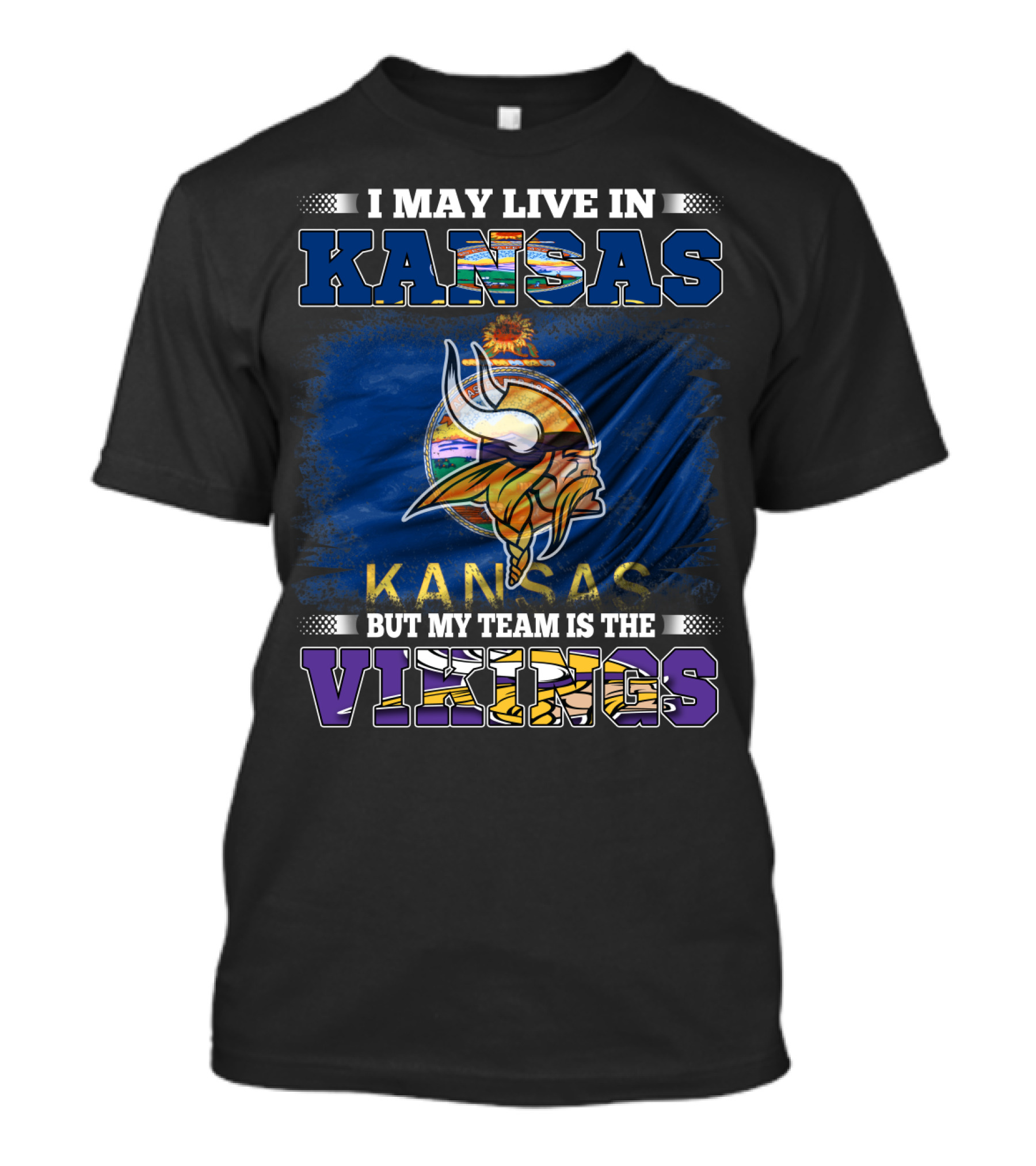 I May Live In Kansas But My Team Is The Vikings Kansas Flag Viking Helmet T-Shirt