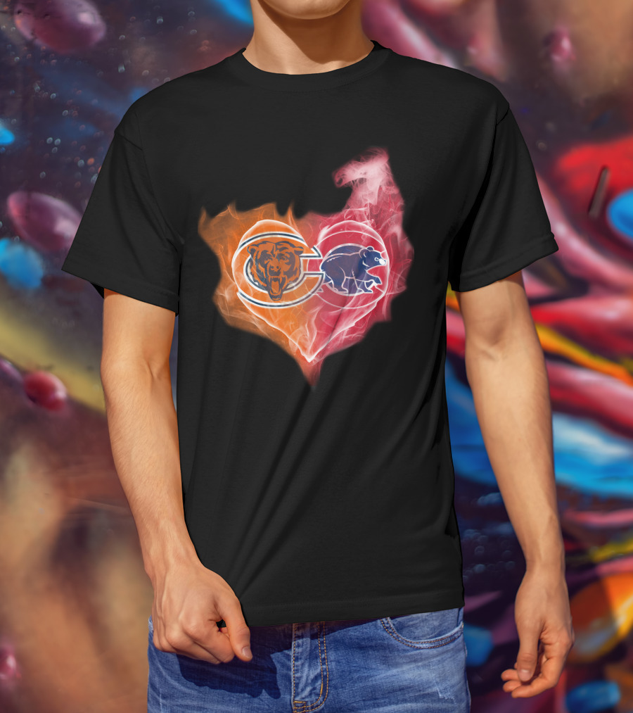 Chicago Bears Cubs Heart Fire Logo Fusion T-Shirt