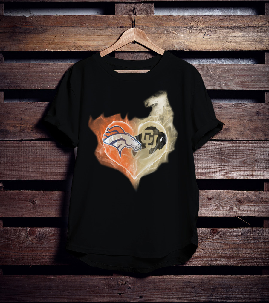 Broncos Colorado Buffaloes Heart-Shaped Flames T-Shirt